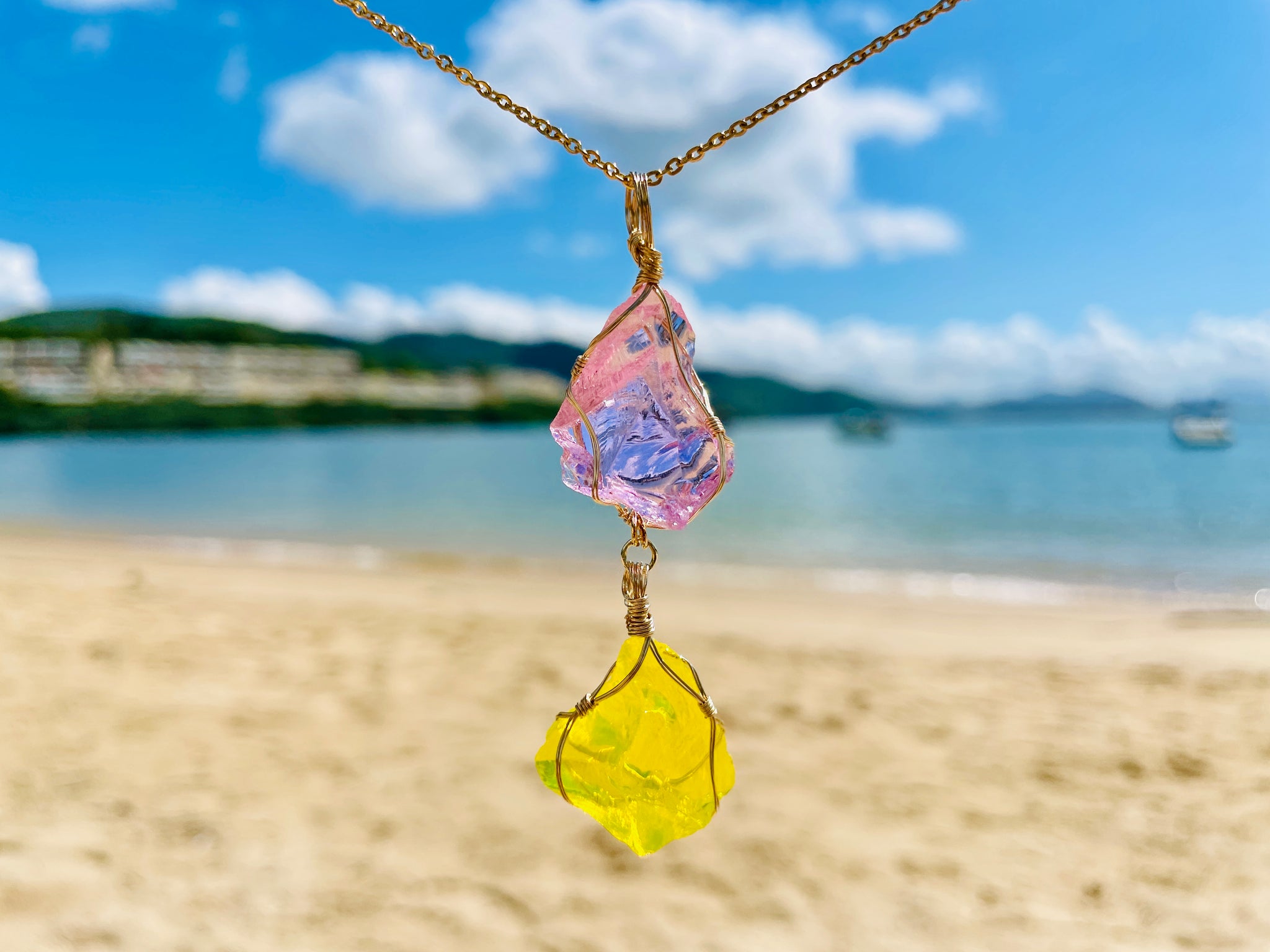 Andaras - Love & Light Twin Pendants Sterling Gold Wrapping & Necklace <BR>  愛與光的組合 14 KGF 金線包裹吊墜 - newearthstore