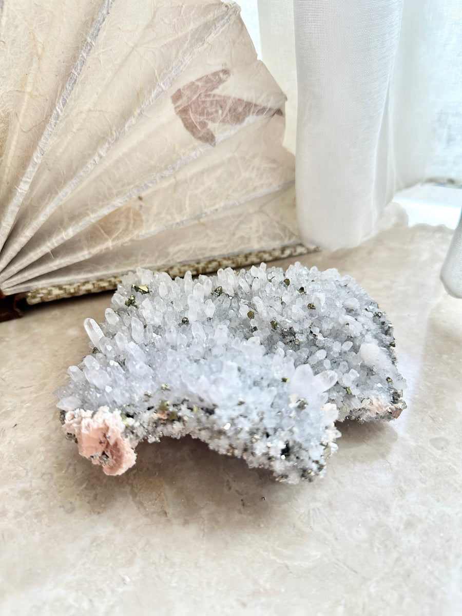 GemGem Crystal NEG Exclusive - Pink Calcite With Pyrite Cubes Quartz Cluster <BR>博物館收藏級雙面粉色方解石黃鐵礦 505grams - newearthstore