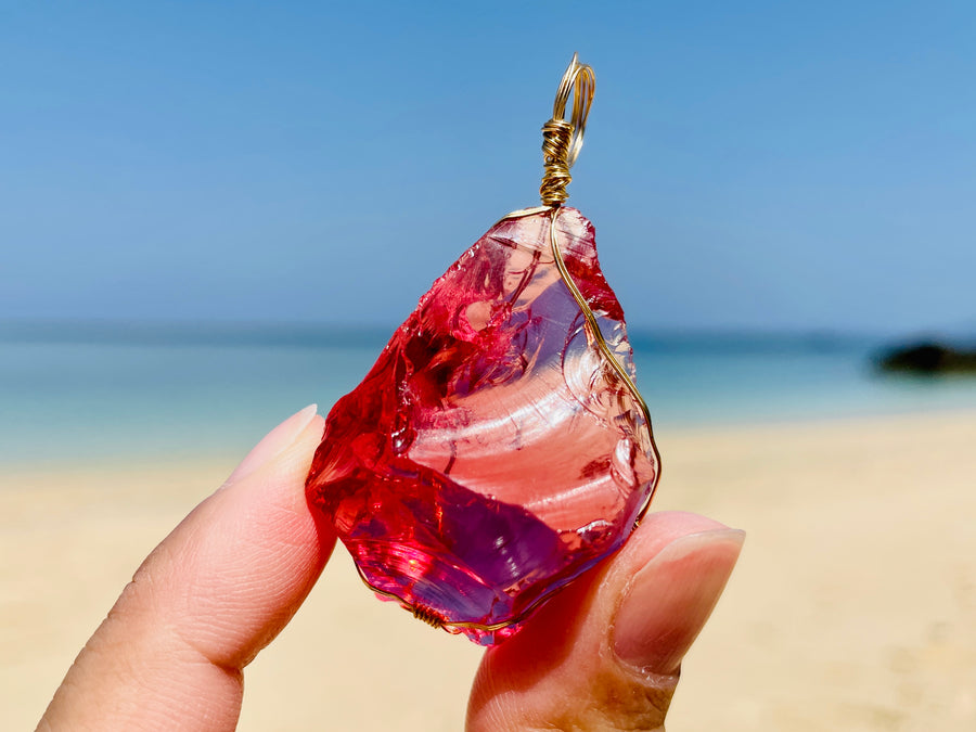 Andaras - Raspberry Love Ray Andara Pendant with Sterling Gold Wrapping & Necklace  愛神之光 14 KGF 金線包裹吊墜 - newearthstore