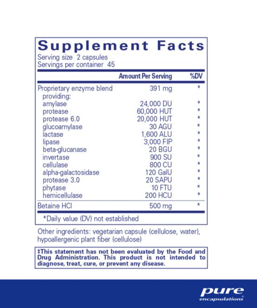 Pure Encapsulation - Digestive Enzymes Ultra w/Betaine HCI ( 90 units ) <BR> 含有 Betaine HCI 的 消化酵素 ( 90 粒裝 ) - newearthstore