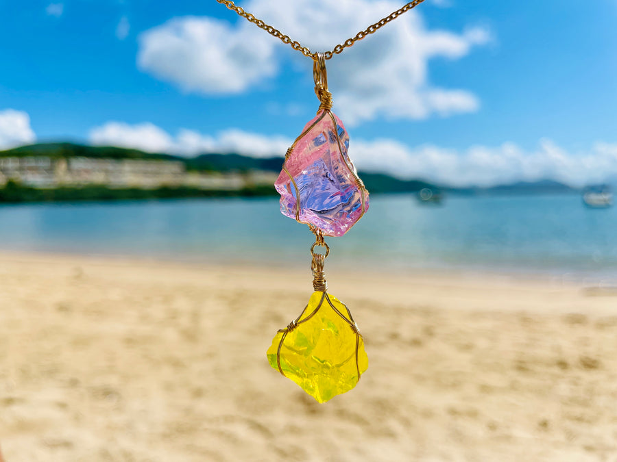 Andaras - Love & Light Twin Pendants Sterling Gold Wrapping & Necklace <BR>  愛與光的組合 14 KGF 金線包裹吊墜 - newearthstore