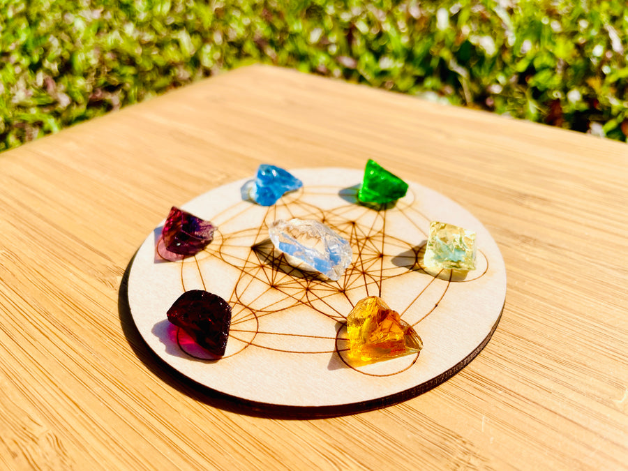 (0107new pending)Andara - Rainbow Lightbody Chakra Set 7 Pieces Baby Set <BR> 彩虹光體脈輪水晶啟動組合 ( 連有神聖幾何圓碟 ) - newearthstore
