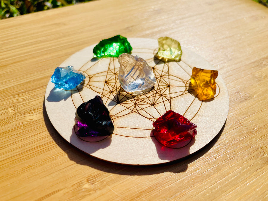 (0107new pending)Andara - Rainbow Lightbody Chakra Set 7 Pieces Baby Set 2 <BR> 彩虹光體脈輪水晶啟動組合 2 ( 連有神聖幾何圓碟 ) - newearthstore